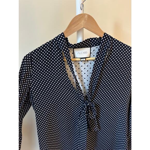 Alexis Navy and White Polka Dot Tie-Neck Blouse, Size Small - Picture 3 of 7